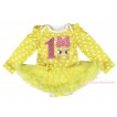 Easter Yellow White Dots Long Sleeve Bodysuit Yellow Pettiskirt & 1st Sparkle Light Pink Birthday Number Pink Bow Bunny Rabbit Print JS4341